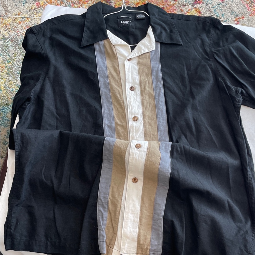 Haggar Black and Cream Linen Blend Shirt
